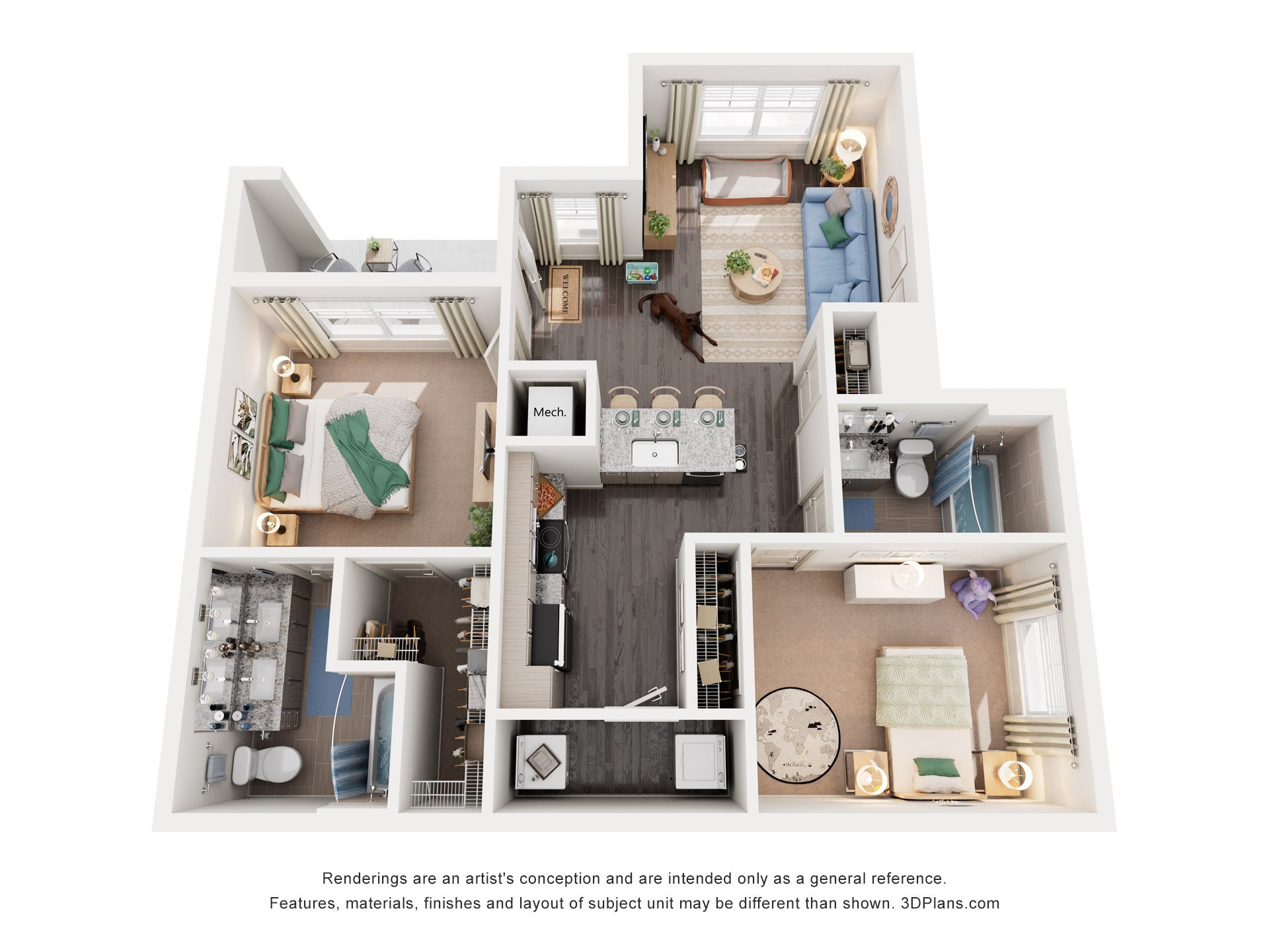 Floor plan for 2 beds, 2 baths, 964 sqft